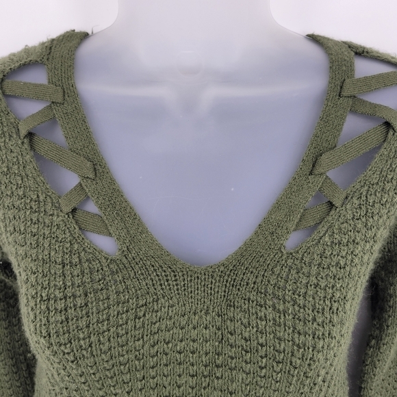 Aeropostale Green V Neck Lace Chunky Ribbed Knit Long Sleeve Stretchy Sweater XS - Picture 6 of 11